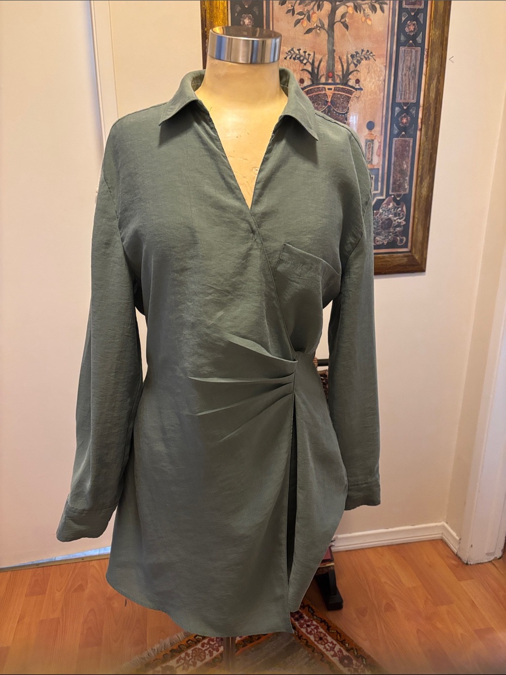 Zara Olive Wrap-Front Long Sleeve Tunic